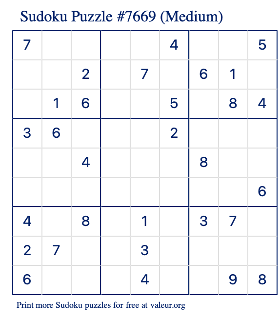 Free Printable Medium Sudoku Puzzle number 7669