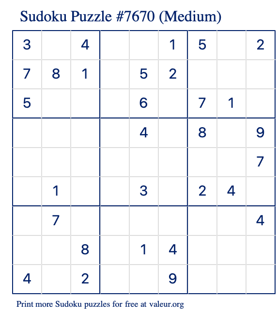 Free Printable Medium Sudoku Puzzle number 7670