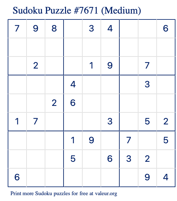 Free Printable Medium Sudoku Puzzle number 7671