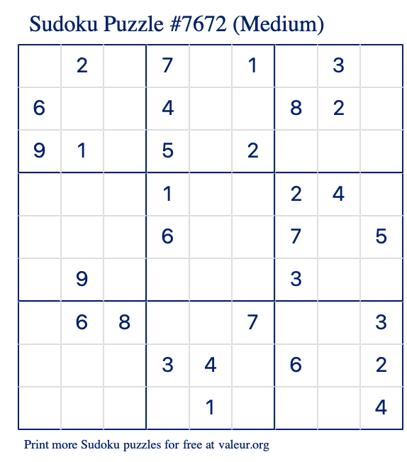 Free Printable Medium Sudoku Puzzle number 7672