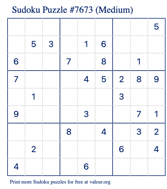 Free Printable Medium Sudoku Puzzle number 7673