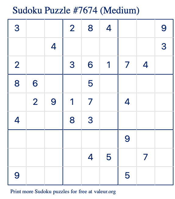 Free Printable Medium Sudoku Puzzle number 7674