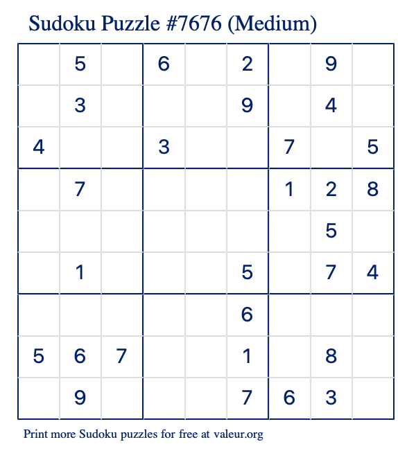 Free Printable Medium Sudoku Puzzle number 7676