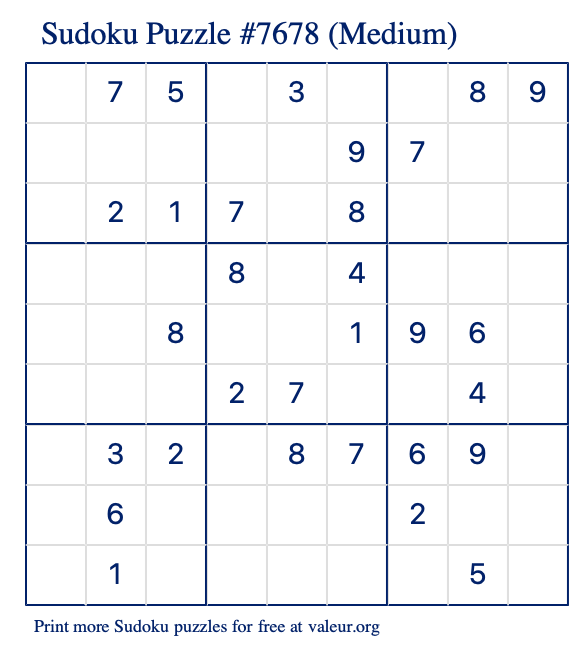Free Printable Medium Sudoku Puzzle number 7678
