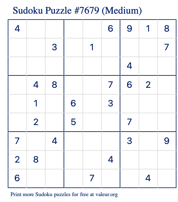 Free Printable Medium Sudoku Puzzle number 7679