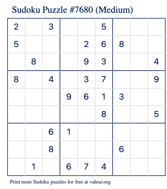 Free Printable Medium Sudoku Puzzle number 7680