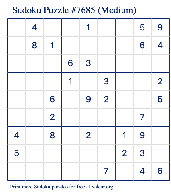 Free Printable Medium Sudoku Puzzle number 7685