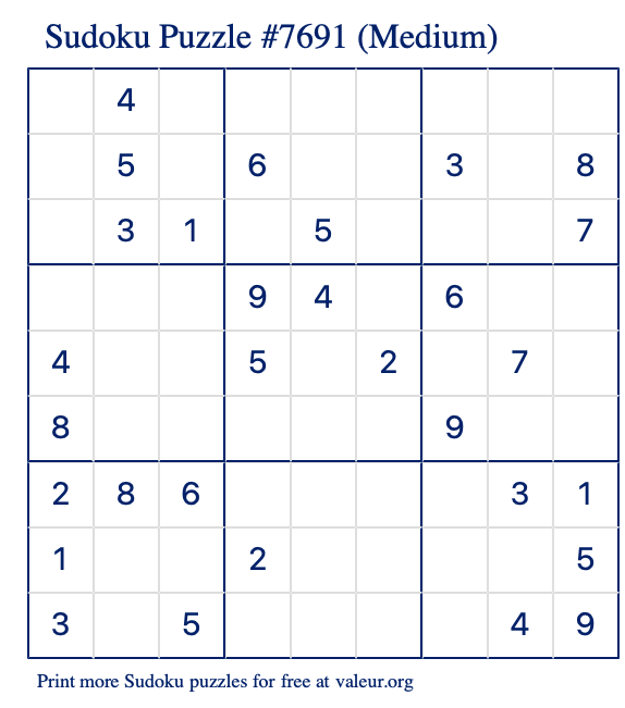 Free Printable Medium Sudoku Puzzle number 7691