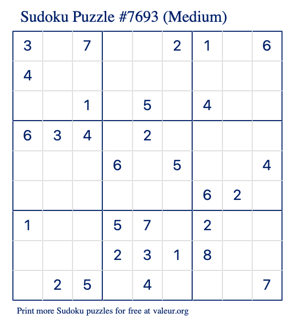 Free Printable Medium Sudoku Puzzle number 7693