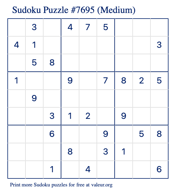 Free Printable Medium Sudoku Puzzle number 7695