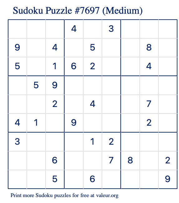 Free Printable Medium Sudoku Puzzle number 7697