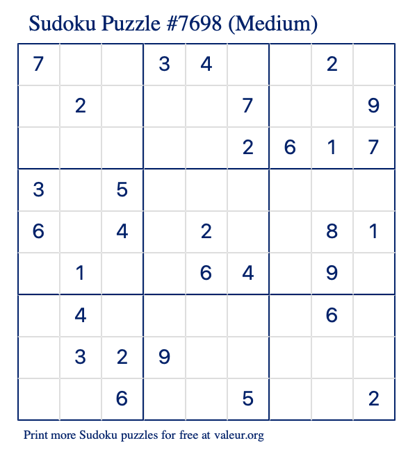 Free Printable Medium Sudoku Puzzle number 7698