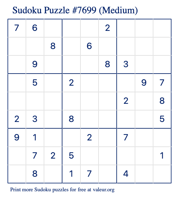 Free Printable Medium Sudoku Puzzle number 7699