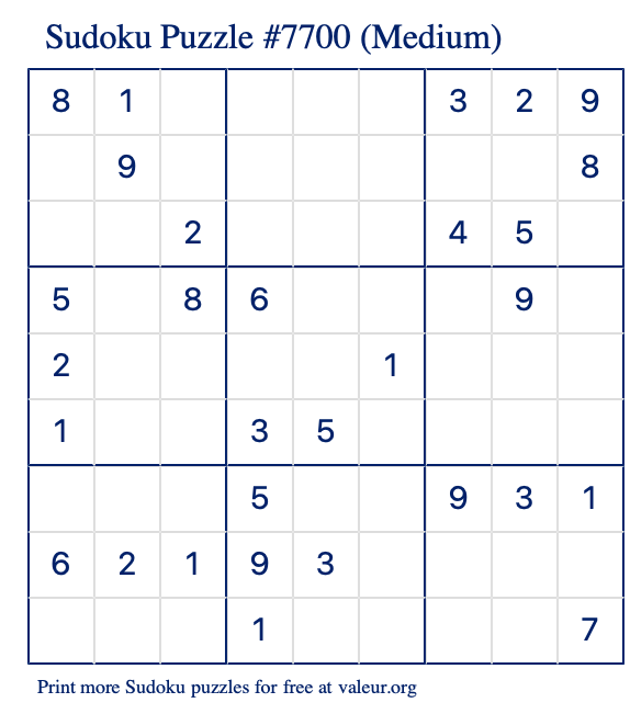 Free Printable Medium Sudoku Puzzle number 7700