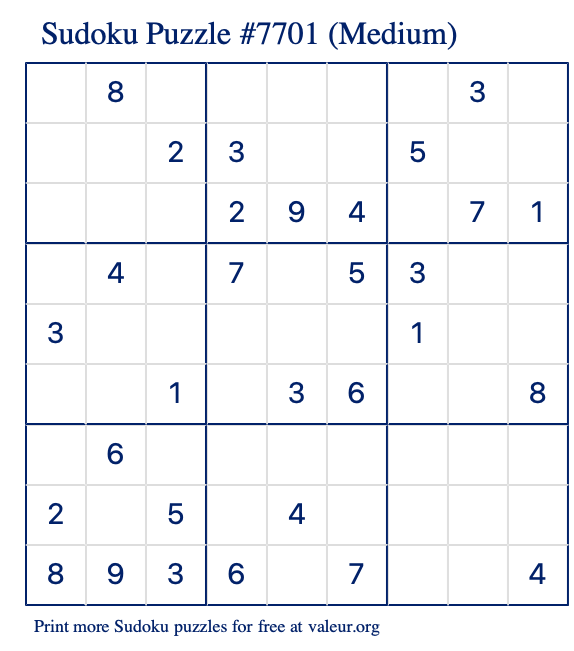 Free Printable Medium Sudoku Puzzle number 7701