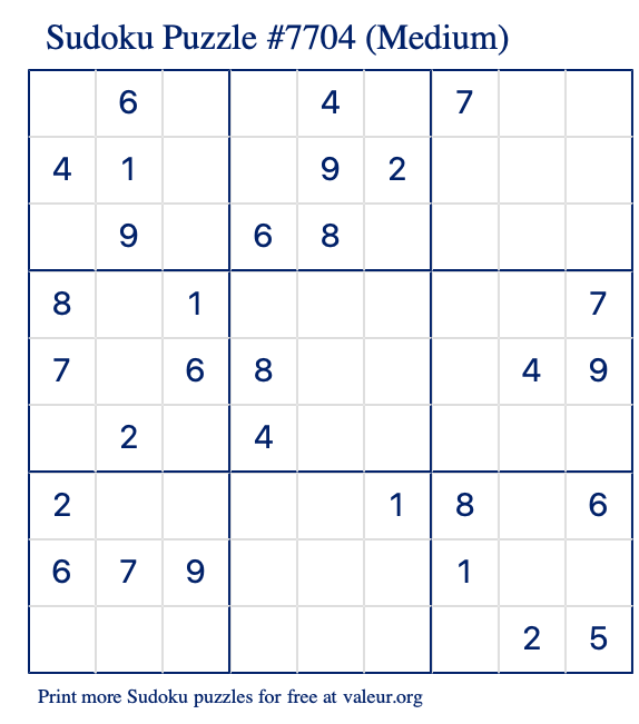 Free Printable Medium Sudoku Puzzle number 7704