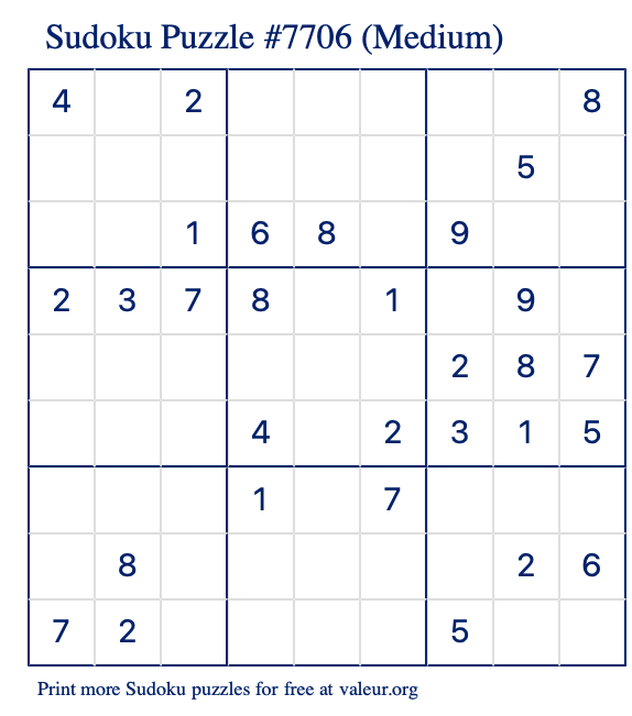 Free Printable Medium Sudoku Puzzle number 7706