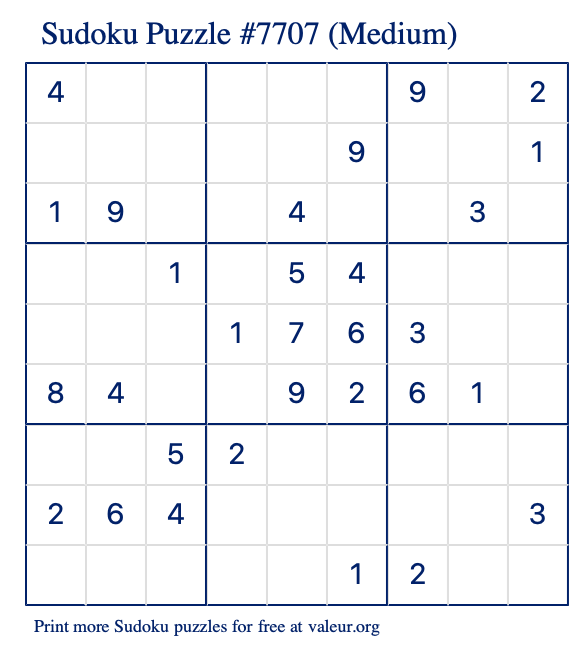 Free Printable Medium Sudoku Puzzle number 7707