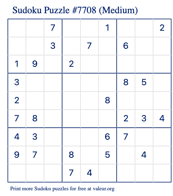 Free Printable Medium Sudoku Puzzle number 7708