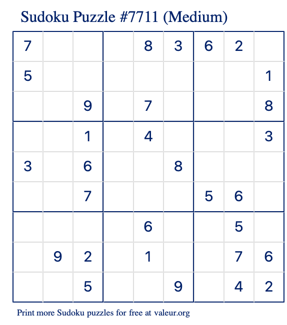 Free Printable Medium Sudoku Puzzle number 7711