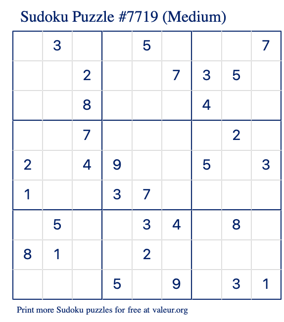 Free Printable Medium Sudoku Puzzle number 7719