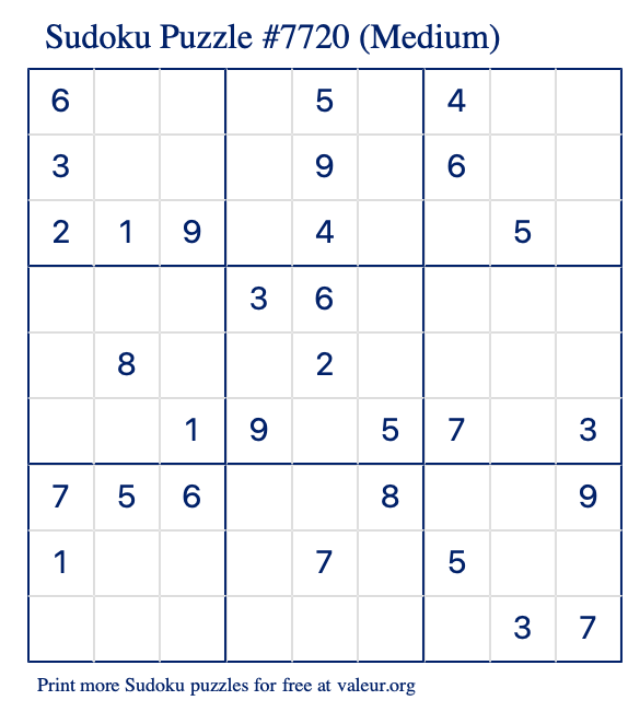 Free Printable Medium Sudoku Puzzle number 7720