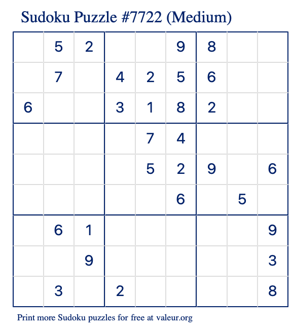 Free Printable Medium Sudoku Puzzle number 7722