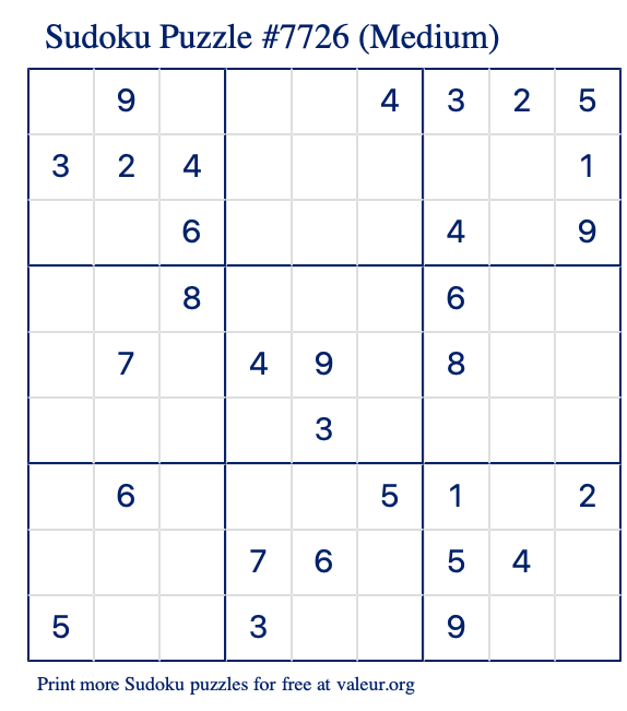 Free Printable Medium Sudoku Puzzle number 7726
