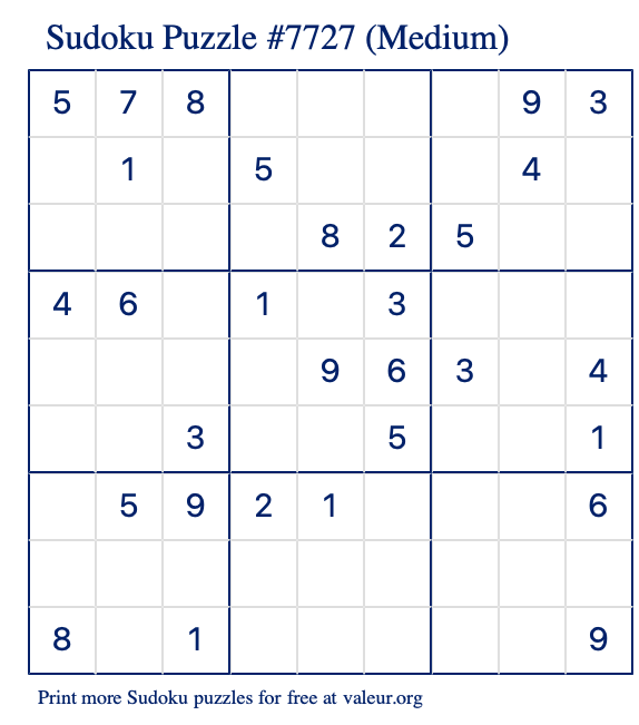Free Printable Medium Sudoku Puzzle number 7727