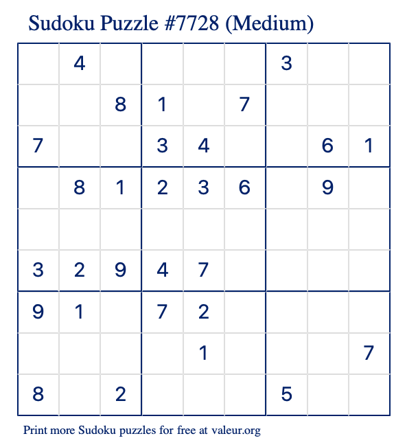 Free Printable Medium Sudoku Puzzle number 7728