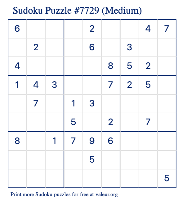 Free Printable Medium Sudoku Puzzle number 7729