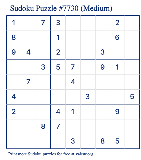 Free Printable Medium Sudoku Puzzle number 7730