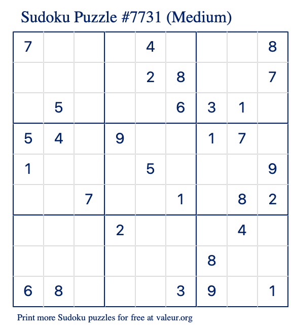 Free Printable Medium Sudoku Puzzle number 7731