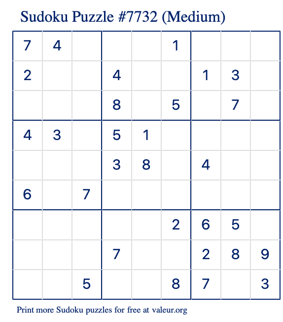 Free Printable Medium Sudoku Puzzle number 7732