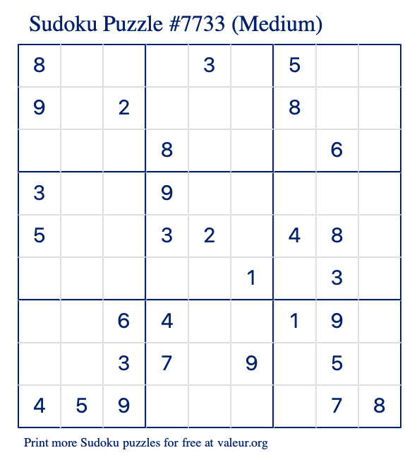 Free Printable Medium Sudoku Puzzle number 7733