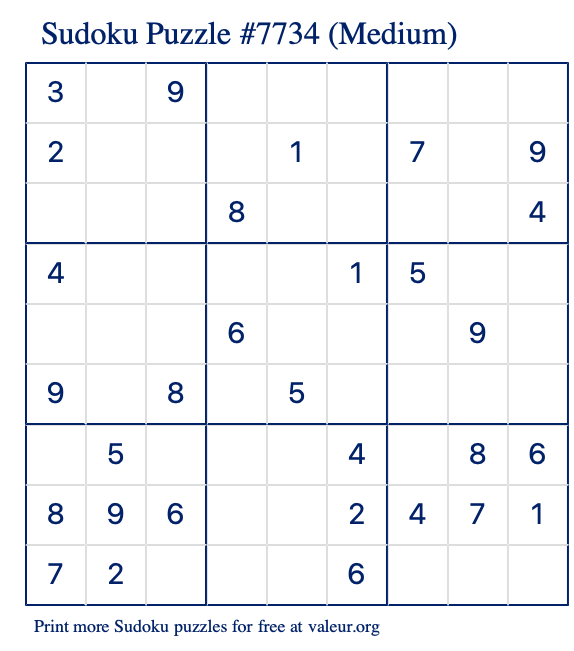 Free Printable Medium Sudoku Puzzle number 7734