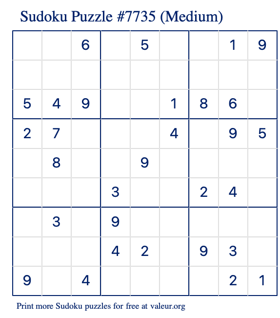Free Printable Medium Sudoku Puzzle number 7735