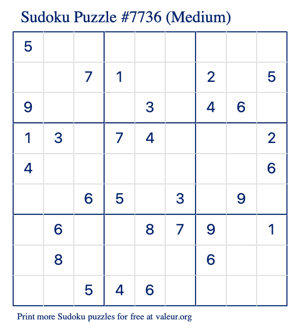 Free Printable Medium Sudoku Puzzle number 7736