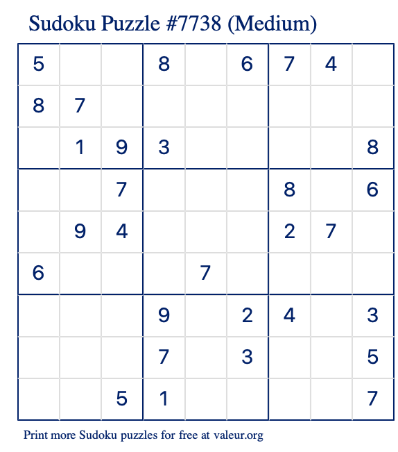 Free Printable Medium Sudoku Puzzle number 7738
