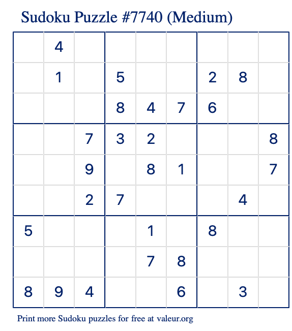 Free Printable Medium Sudoku Puzzle number 7740