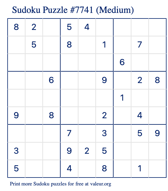 Free Printable Medium Sudoku Puzzle number 7741