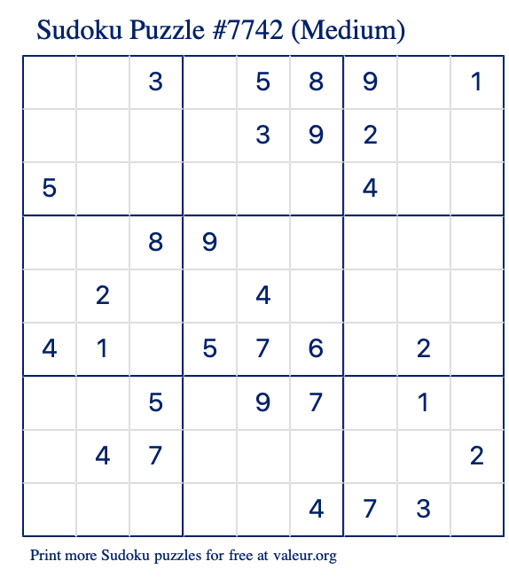 Free Printable Medium Sudoku Puzzle number 7742