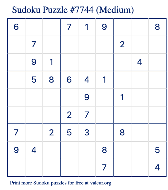 Free Printable Medium Sudoku Puzzle number 7744