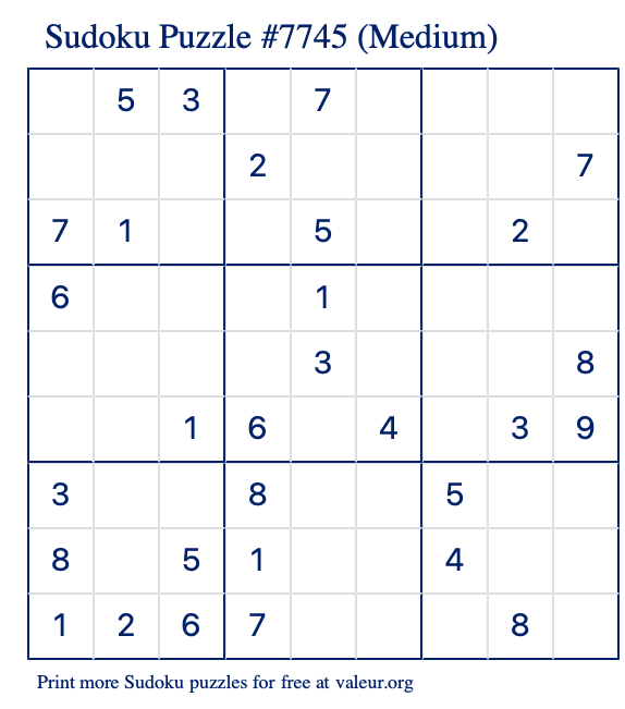 Free Printable Medium Sudoku Puzzle number 7745