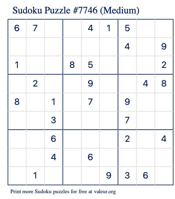 Free Printable Medium Sudoku Puzzle number 7746
