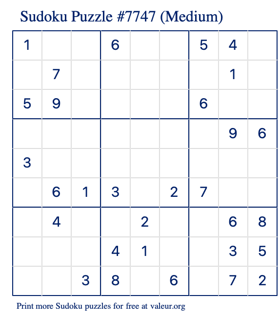 Free Printable Medium Sudoku Puzzle number 7747