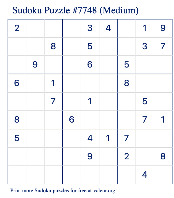 Free Printable Medium Sudoku Puzzle number 7748