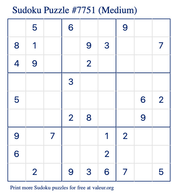 Free Printable Medium Sudoku Puzzle number 7751