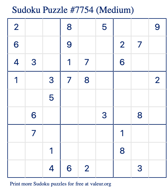 Free Printable Medium Sudoku Puzzle number 7754