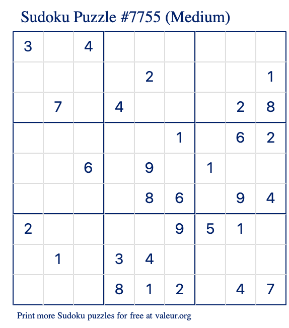 Free Printable Medium Sudoku Puzzle number 7755